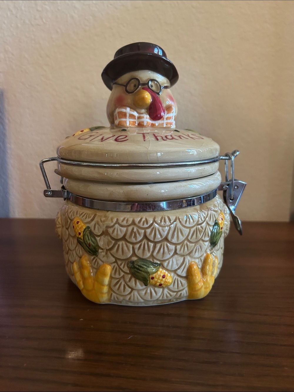 Give Thanks Ceramic Turkey Cookie Jar - Cream and Yellow